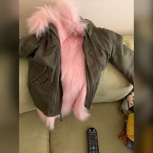 Thick custom pink faux fur & green coat ...